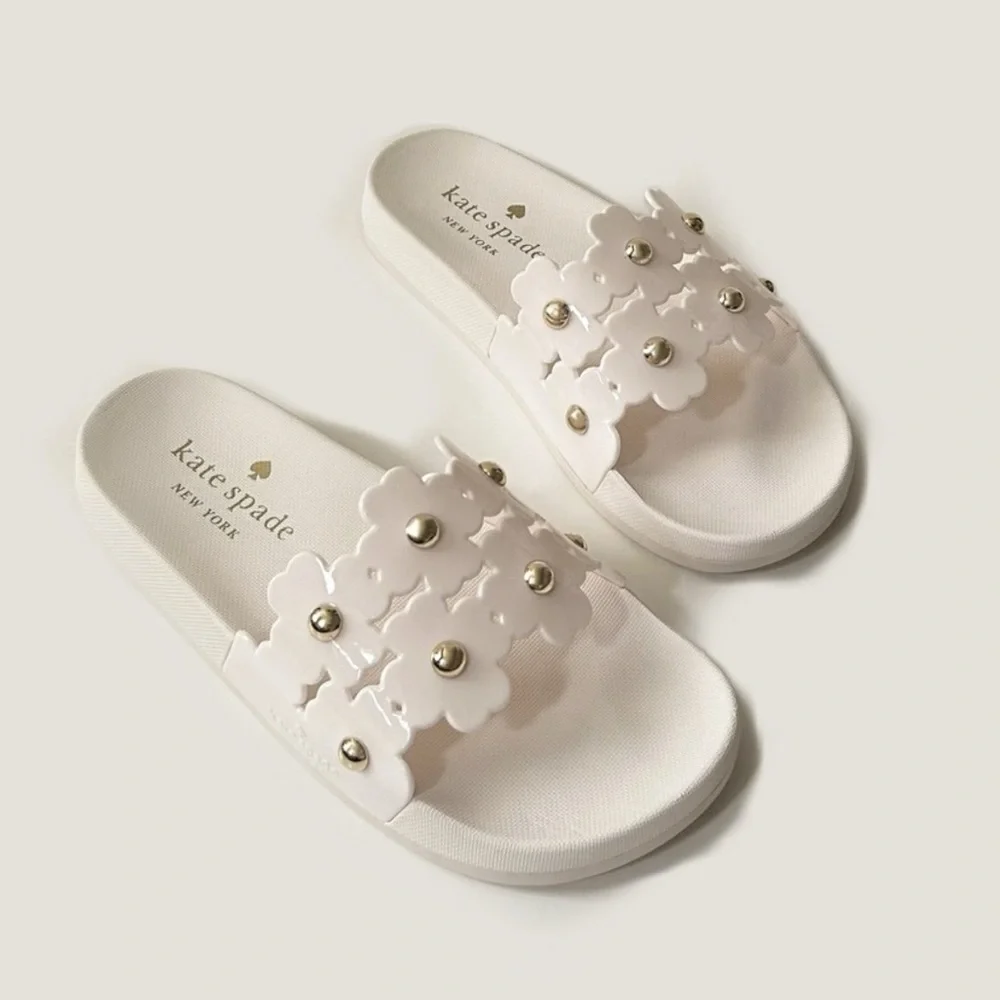 kate spade White Floral Stud Slide Sandals